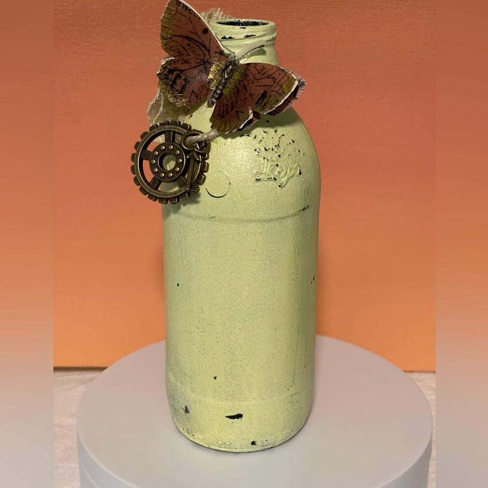 Distressed Floral and Butterfly Decorative Bottle Handcrafted - Picture 3 of 6